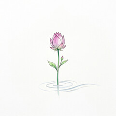Fototapeta premium A delicate watercolor illustration of a single pink lotus flower blooming above calm water ripples.