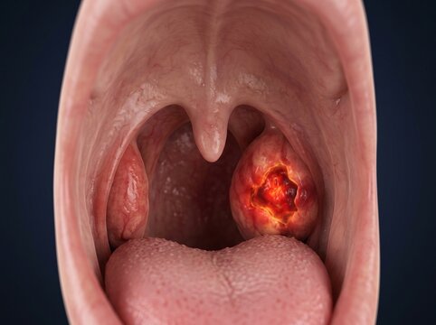 Close-up view of human tonsils with one inflamed and infected.
