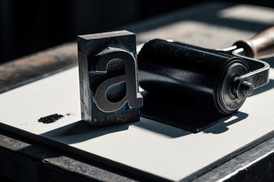 Vintage letterpress printing block with lowercase letter on white paper. Black ink roller, metal type tool lie on workbench. Artisan equipment for manual typography, craft design, traditional