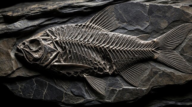 Ancient fish fossil embedded in dark stone. Detailed prehistoric skeleton preserved in sedimentary rock. Paleontology specimen shows fine bone structure, fins. Natural history artifact for science