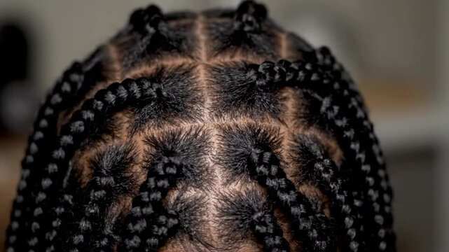 Close up view of neat black box braids hairstyle on a person head