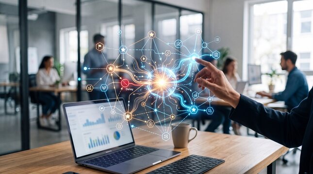 A professional business analyst uses interactive data visualization technology to interpret complex digital information in a modern workspace