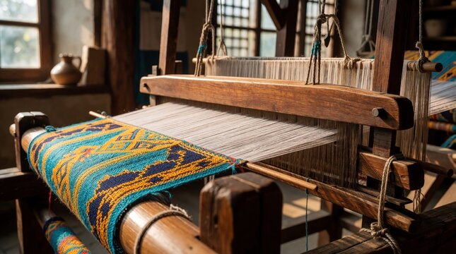 Traditional wooden loom weaves colorful patterned textile in craft workshop. Artisan handloom makes handmade fabric with blue, yellow, orange threads. Close up of old weaving machine used for ethnic