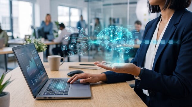 Professional business woman using digital technology to analyze complex data sets through a glowing artificial intelligence neural brain model