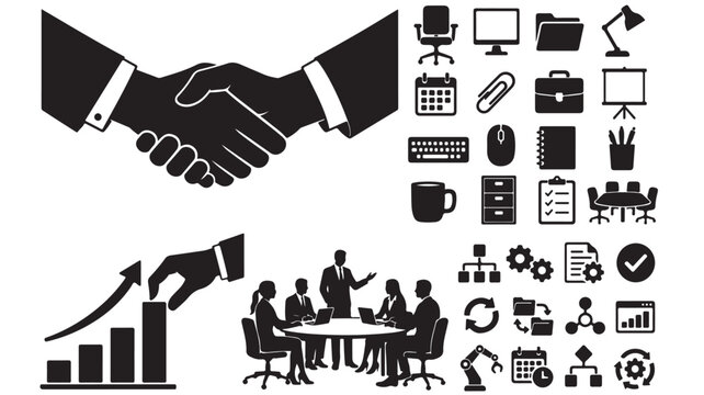 Business vector graphic illustration featuring office icons handshake management teamwork and growth charts in black