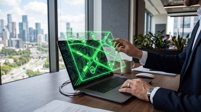 Professional executive interacting with a glowing digital interface in a modern corporate office setting with city skyline background views