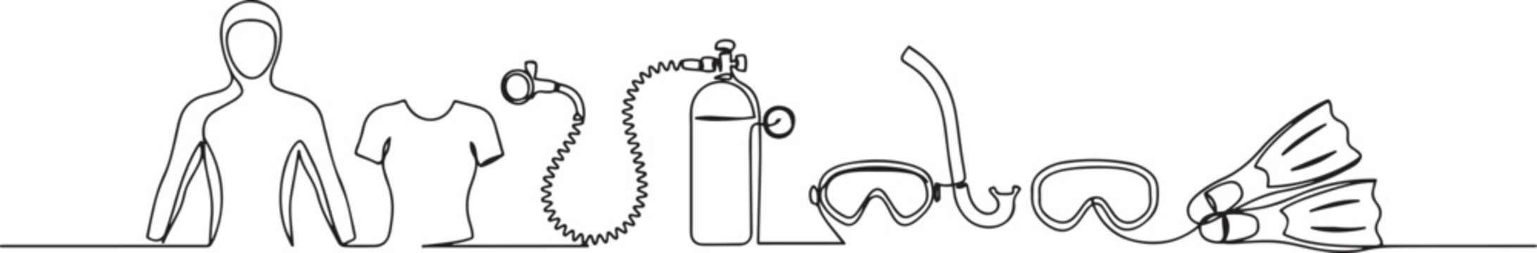 Single continuous line drawing of wetsuit, swimsuit, regulator, oxygen, mask, snorkel, goggle and fins. Underwater sport scuba diving equipment tools concept. one line Icon drawing