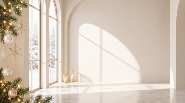 Minimal Luxury Christmas Interior Background with Sunlight and Large Copy Space