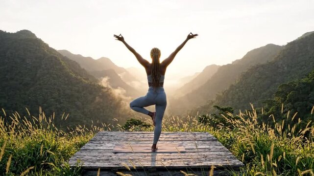 Woman Practicing Yoga on Mountain Platform at Sunrise