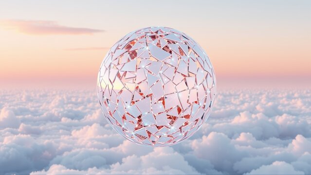 Fractured sphere floats above clouds. Soft pastel colors create dreamy, ethereal scene. Light reflects off broken surfaces.