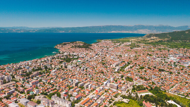 Aerial panorama of Ohrid city and Lake Ohrid North Macedonia