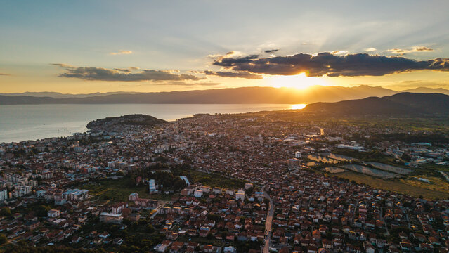 Ohrid City and Lake at Sunset from Above