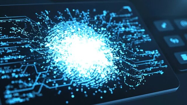 A close-up of a finger scanning a biometric fingerprint sensor on a digital screen, verifying identity and unlocking with a security padlock icon.