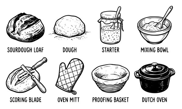 Hand Drawn Artisan Bread Baking Icon Collection with Sourdough Dough Starter and Bakery Sketch Elements