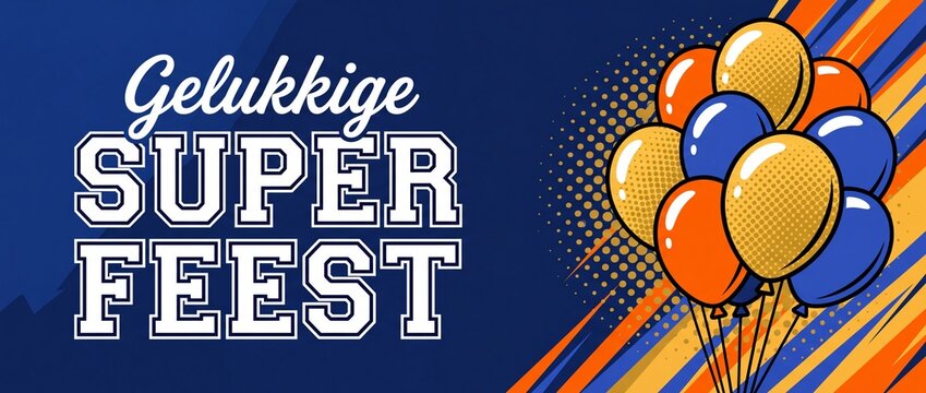 Gelukkige Super Feest party banner design with bright festive balloons and pop art comic style elements for Dutch celebration, sports event, birthday party, or festival background with orange blue str