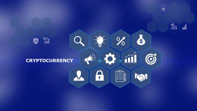 Digital cryptocurrency financial ecosystem infographic featuring animated hexagonal ui with for blockchain technology, secure investment growth, market strategy, and global digital asset management