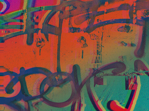 Abstract glitch halftone background with orange and teal gradient and dark blue graffiti tags in a broken dot pattern. Pairs with an underground and cinematic poster design aesthetic.
