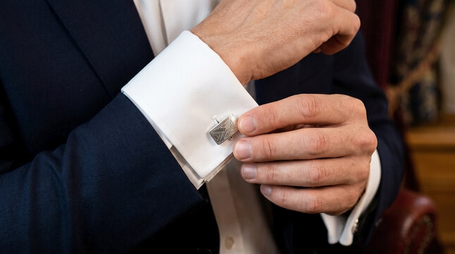 Elegant cufflinks being fastened on white dress shirt by well-dressed man. Cufflinks add sophistication to shirts in formal settings like weddings and business meetings.