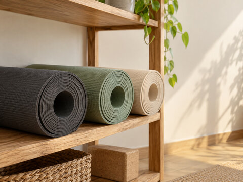 Three rolled yoga mats on a wooden studio shelf