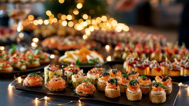 Gourmet Christmas Buffet with Salmon Canapes and Festive Lights