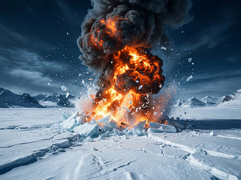 Massive fiery explosion erupting on a frozen arctic landscape with ice shards flying.