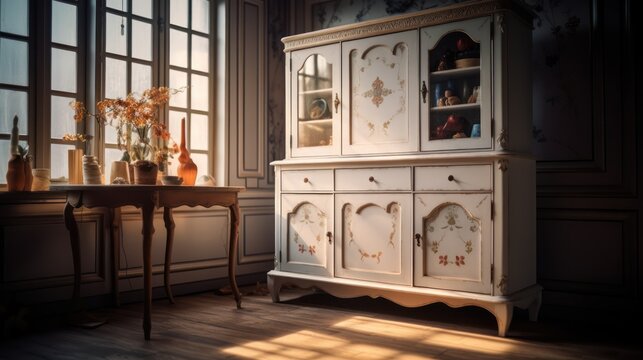 Vintage Charm - Antique Cabinet and Table in Sunlit Room.