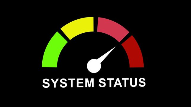 Dynamic system status gauge animation featuring a moving needle indicating performance levels from green to red for data monitoring, technical interface dashboards, and analytical reporting