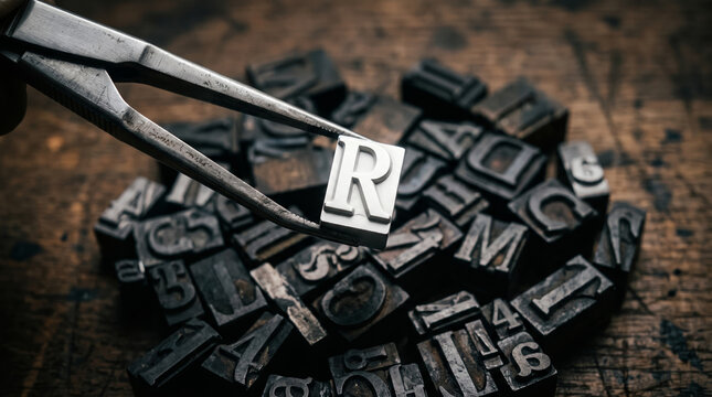 Close up view of antique lead movable type sorting blocks and steel typesetting tweezers on wooden workbench in typography printing shop.