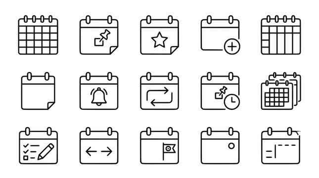 a flat vector illustration of fifteen minimal black line calendar scheduling and event management icons