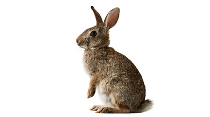 Brown fluffy cottontail rabbit standing upright in profile view © Sylas
