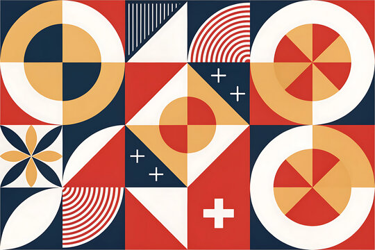 Bold geometric composition, circles, semicircles, triangles and rectangles arranged in a dynamic balanced layout, modern Swiss graphic design influence, crisp vector shapes.