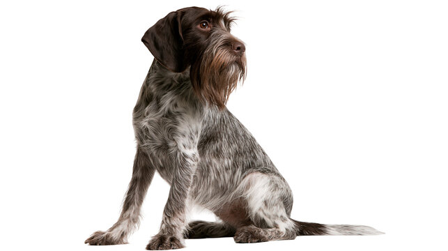 German Wirehaired Pointer dog with brown and white spotted coat sitting