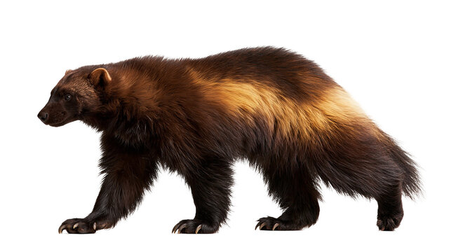 Full body side view of a brown wolverine walking with thick fur