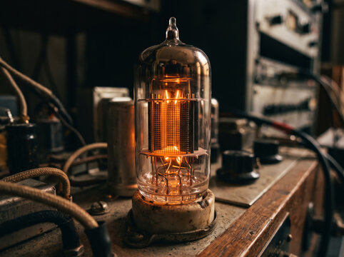 Antique glowing thermionic radio valve tube illuminated warmly on a rustic workshop bench with wiring.