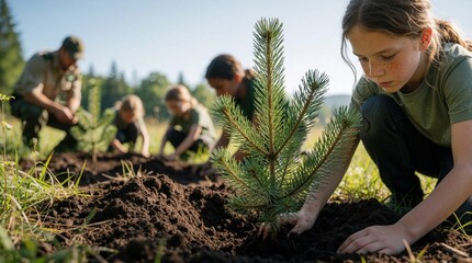 Obraz premium Schoolchildren plant small pine saplings in meadow meadow under ranger guidance. Diverse kids learn ecology, nature conservation through teamwork. Group of young students participates in