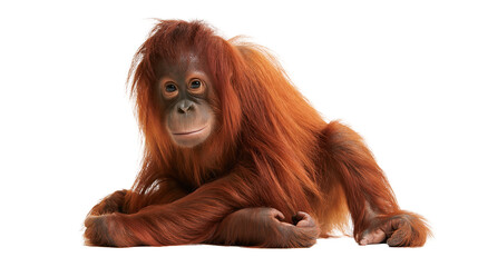 Young orangutan with long shaggy reddish brown fur sitting and looking forward © Sylas