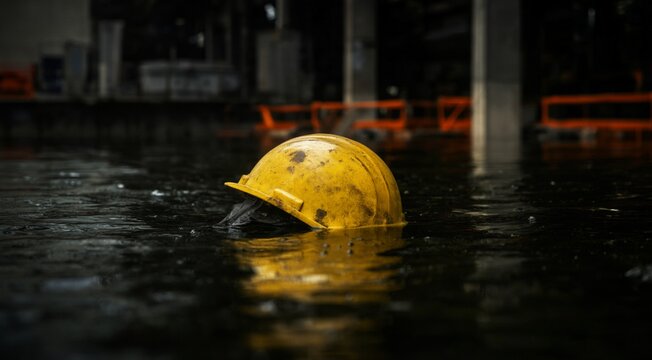 Yellow Hard Hat Floating in Dark Water, Industrial Safety Equipment Abandoned in Pool