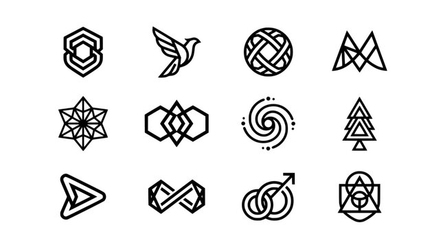 a flat vector illustration of twelve black abstract geometric line art logo marks and icons