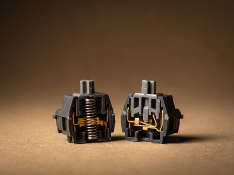 Pair of custom linear and tactile mechanical keyboard clicky switches placed side by side on warm surface.