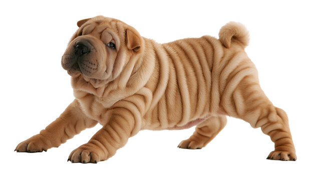 Adorable Shar Pei puppy with wrinkled skin standing in a playful pose