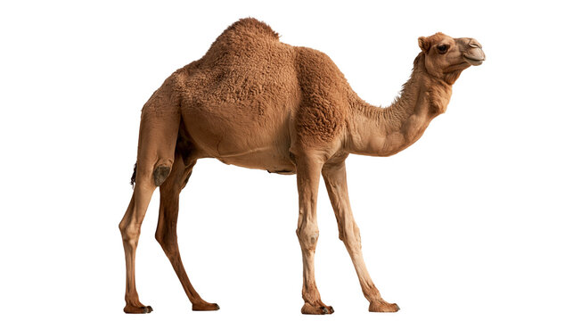 Full body side view of a brown dromedary camel with a single hump