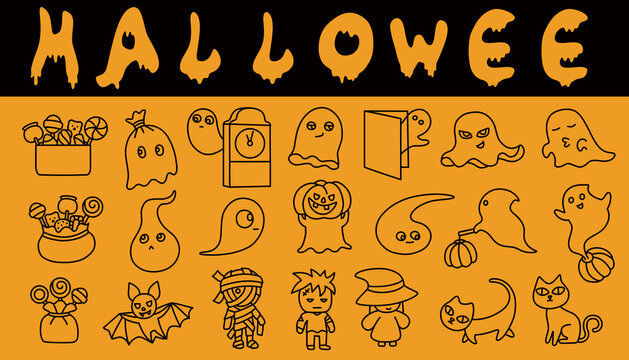 Halloween icons with black lines on a yellow background