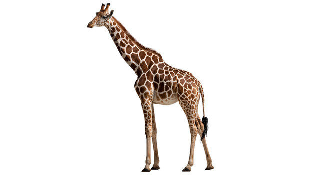 Full body side view of a tall reticulated giraffe with brown and white patterns