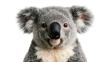 Close up portrait of a fluffy grey koala bear with large ears and black nose © Sylas