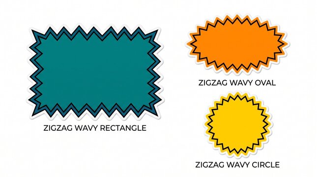a flat vector illustration of three colorful zigzag wavy shapes including rectangle oval and circle