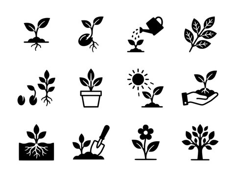 a flat vector illustration of twelve black silhouette icons featuring plant growth and gardening elements