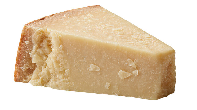Triangular wedge of aged hard parmesan cheese with granular texture