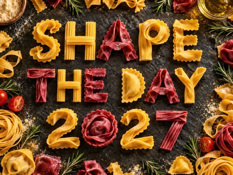 New Year 2027 message SHAPE THE D AY 2027 in tactile typography with warm premium styling and copy space for seasonal advertising and greeting design