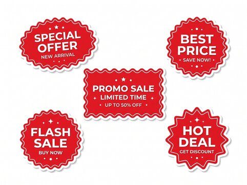 a flat vector illustration of a set of five red promotional sale discount sticker badges
