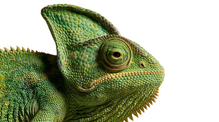 Close up portrait of a green veiled chameleon head with textured skin and eye © Sylas